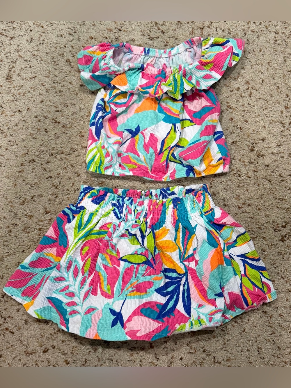 Girls Tropical Floral Pink & Teal Two-Piece skort Set, size 4-5